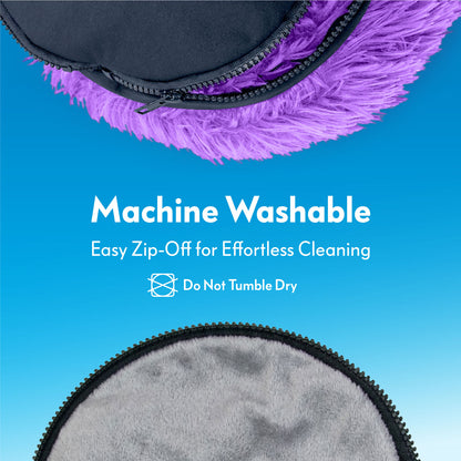 Close-up of the zip-off removable bottom on the purple Paw Inspired Furr-O pet bed, highlighting its machine washable design.