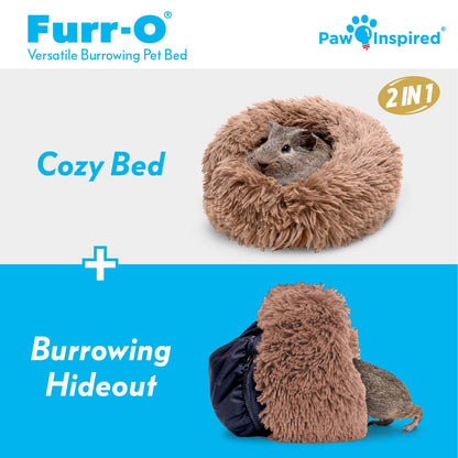 Graphic showing the tan Paw Inspired Furr-O bed in two modes: a cozy bed and a burrowing hideout for small animals.