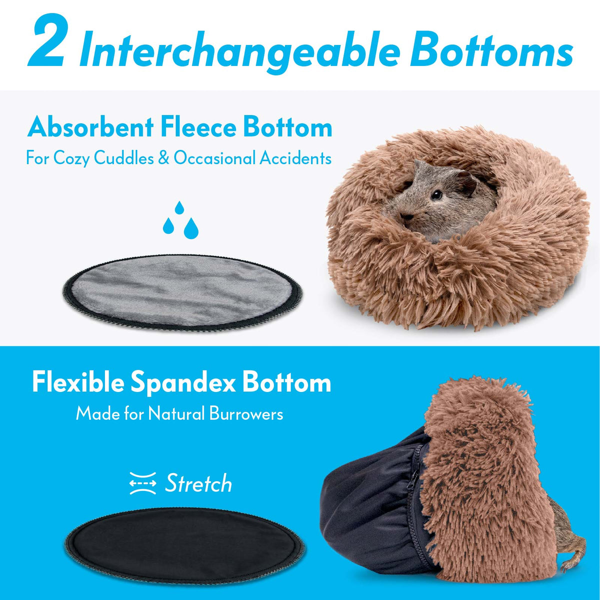 Diagram displaying the tan Paw Inspired Furr-O bed with its 2 interchangeable options: absorbent fleece bottom and flexible spandex bottom.