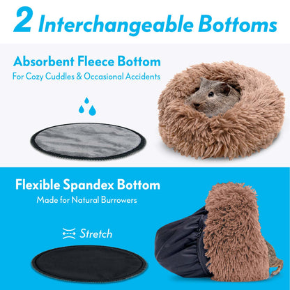 Diagram displaying the tan Paw Inspired Furr-O bed with its 2 interchangeable options: absorbent fleece bottom and flexible spandex bottom.