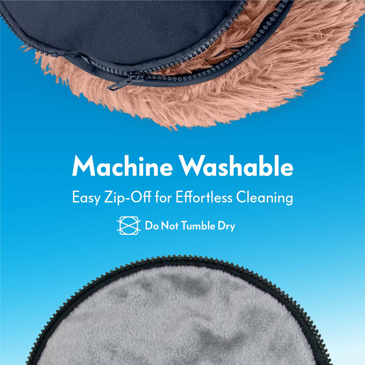 Close-up of the zip-off removable bottom on the tan Paw Inspired Furr-O pet bed, highlighting its machine washable design.