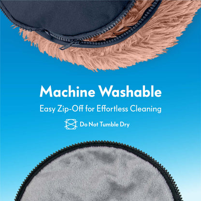 Close-up of the zip-off removable bottom on the tan Paw Inspired Furr-O pet bed, highlighting its machine washable design.