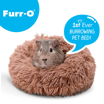 A brown and grey guinea pig snuggled in the center of a soft brown Paw Inspired Furr-O burrowing pet bed for small animals.