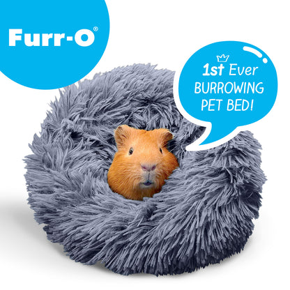 A small brown guinea pig cozying up inside a dark grey plush Paw Inspired Furr-O burrowing pet bed.