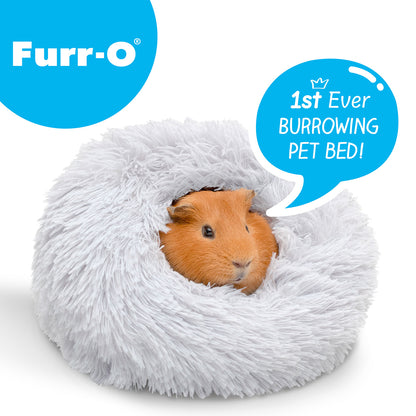 A guinea pig peeking out from the middle of a fluffy light grey Paw Inspired Furr-O small animal bed.