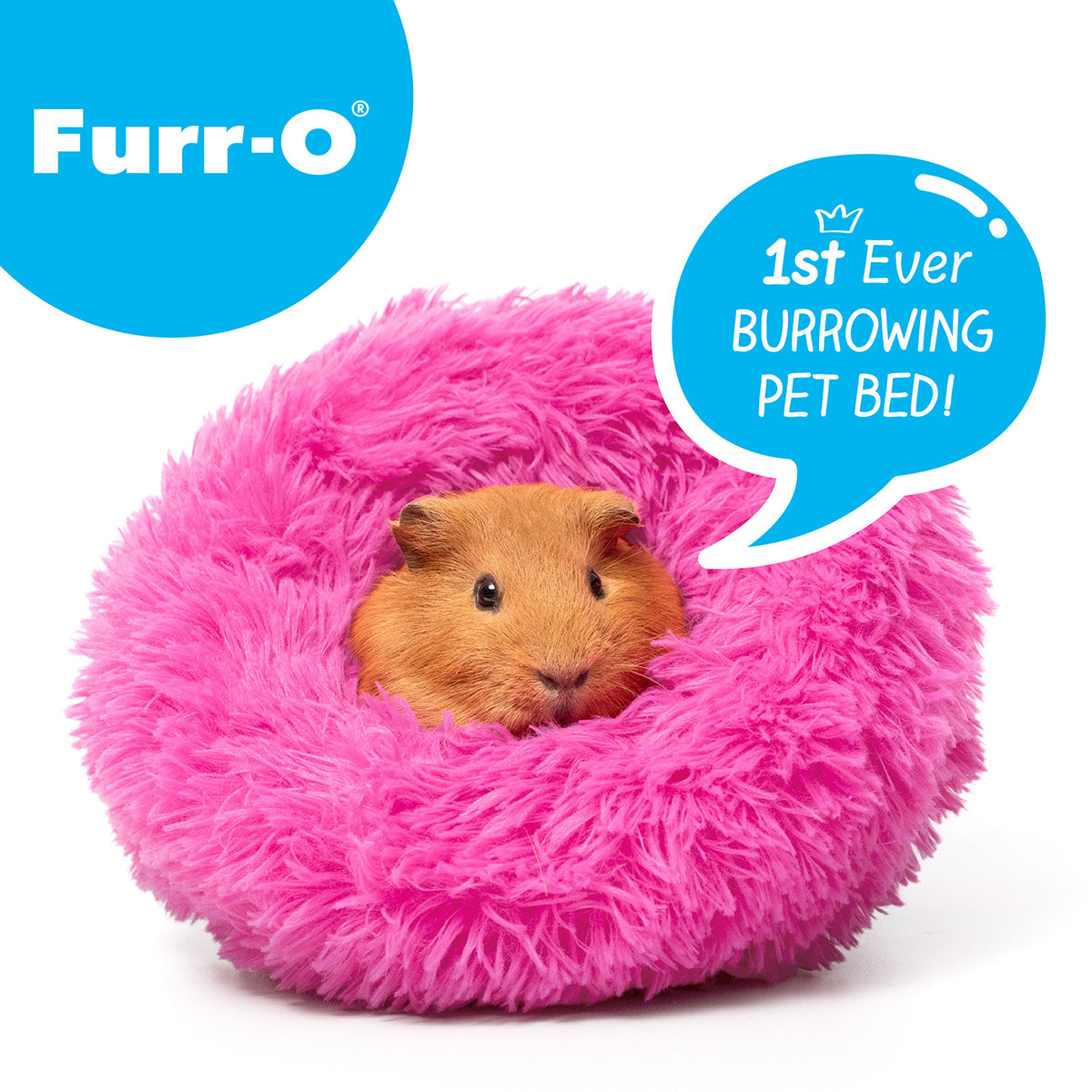 A brown guinea pig resting inside a bright pink fluffy Paw Inspired Furr-O burrowing bed for small pets.