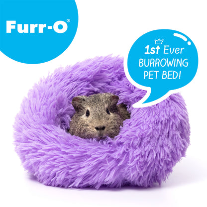 A grey and brown guinea pig burrowed in a cozy lavender purple Paw Inspired Furr-O plush pet bed.