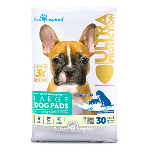 Paw Inspired heavy duty dog pads for potty training and housebreaking, featuring premium absorbent materials and leakproof protection.