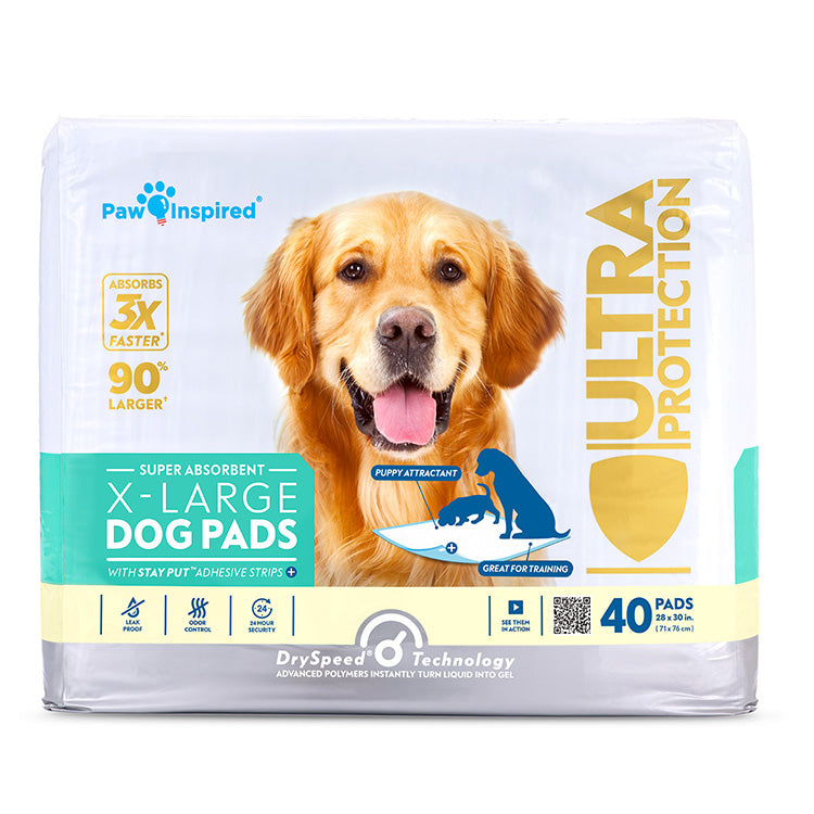 Paw Inspired heavy duty dog pads for potty training and housebreaking, featuring premium absorbent materials and leakproof protection.
