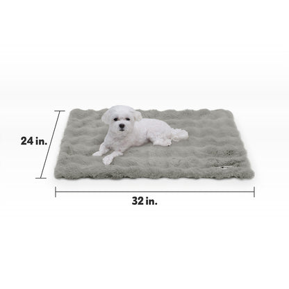 Size guide for Paw Inspired Waterproof Pet Blanket measuring 32 inches by 24 inches with a small white dog for scale.