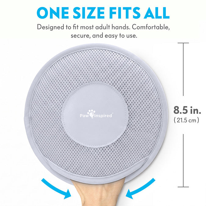 Size guide for the Paw Inspired hair removal glove, highlighting the "One Size Fits All" design with a vertical height measurement of 8.5 inches or 21.5 cm.