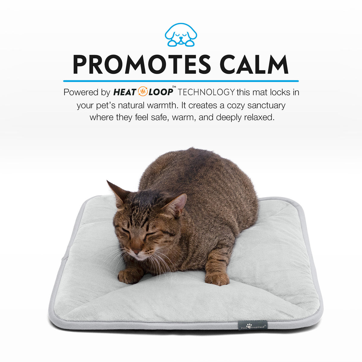 A brown tabby cat relaxing snugly on a grey Paw Inspired self-heating pet mat.