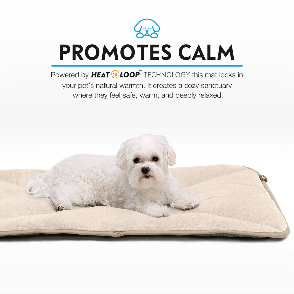 A Maltese relaxing snugly on a tan Paw Inspired self-heating crate mat.