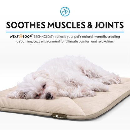 A white dog sleeping peacefully on a tan Paw Inspired self-heating pet mat with text highlighting muscle and joint relief.