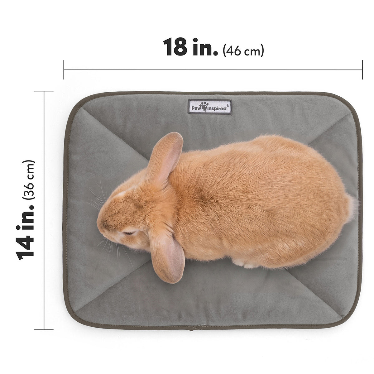 Top-down view of a tan rabbit resting on a grey Paw Inspired self-heating pet mat labeled with dimensions 18 by 14 inches (46 cm by 36 cm).