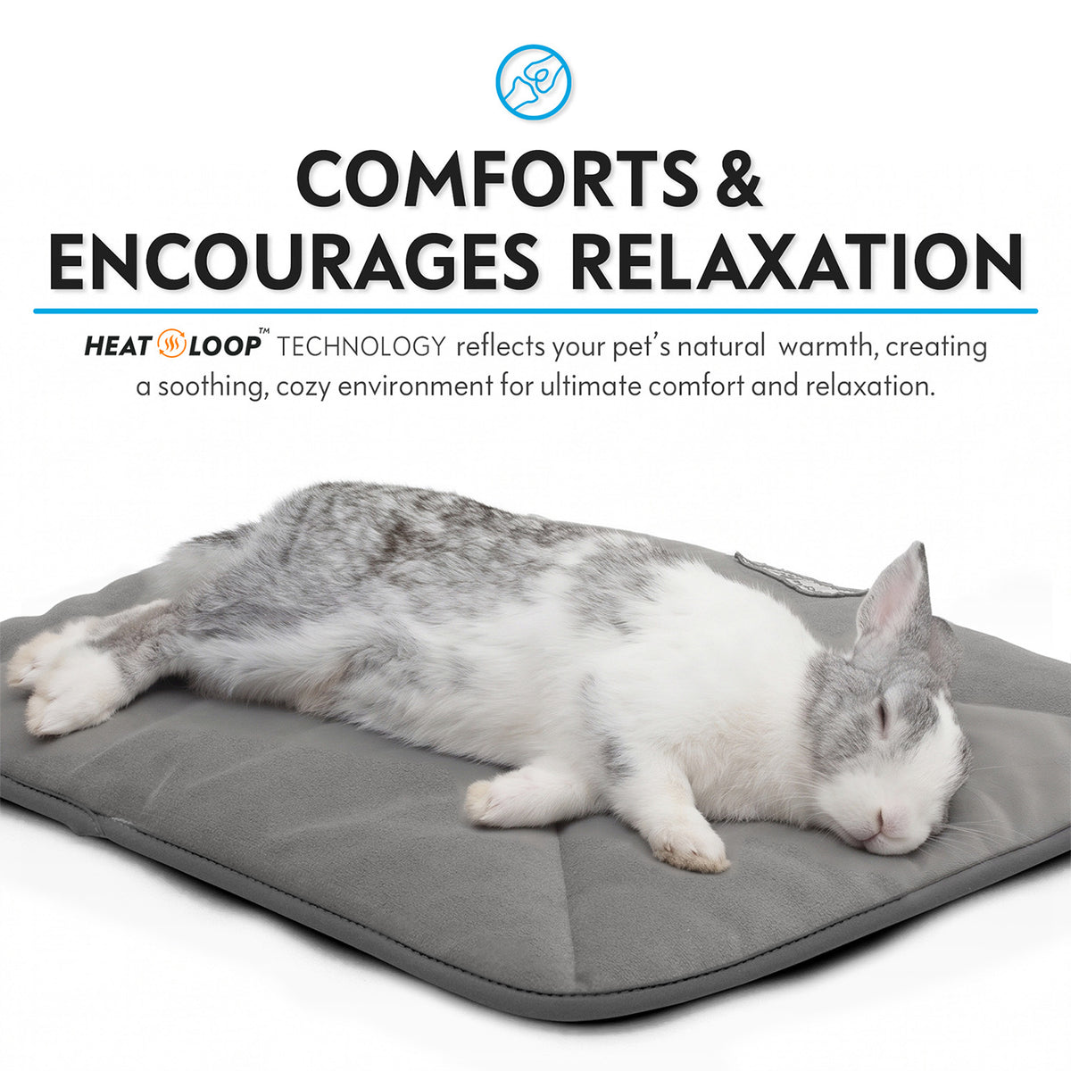 A white and grey spotted rabbit lying down and sleeping peacefully on a grey Paw Inspired self-heating pet mat.