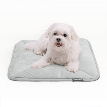 A small white dog resting on a grey Paw Inspired self-heating pet mat.