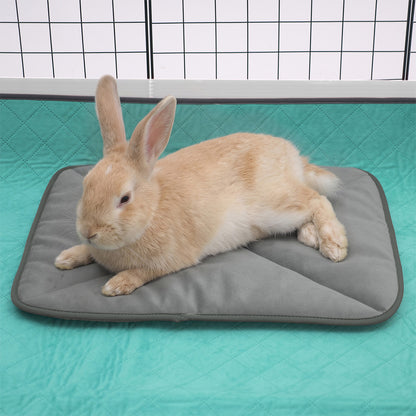 A light brown rabbit relaxing on a grey Paw Inspired self-heating pet mat inside a pet playpen setup.