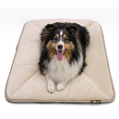 A Shetland Sheepdog resting on a tan Paw Inspired self-heating crate mat.