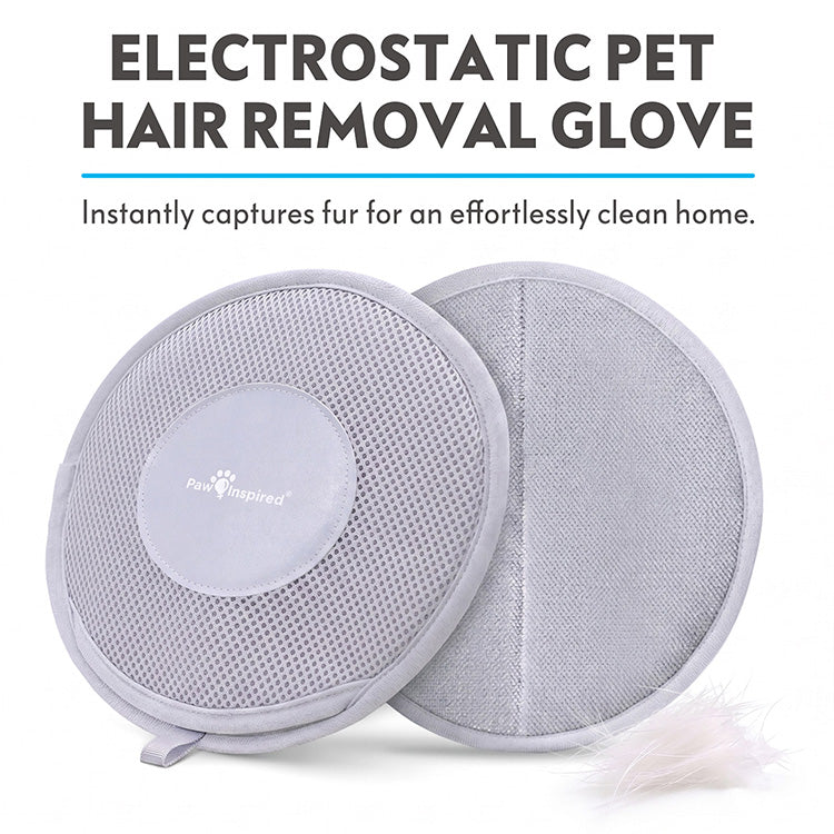 Product infocard for the Paw Inspired Electrostatic Pet Hair Removal Glove, displaying both sides of the mitt alongside a neat pile of captured pet fur.
