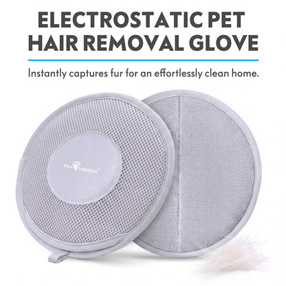 Product infocard for the Paw Inspired Electrostatic Pet Hair Removal Glove, displaying both sides of the mitt alongside a neat pile of captured pet fur.