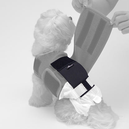 A person attaching the Paw Inspired Stay Put Diaper Holder to a dog's anxiety vest.
