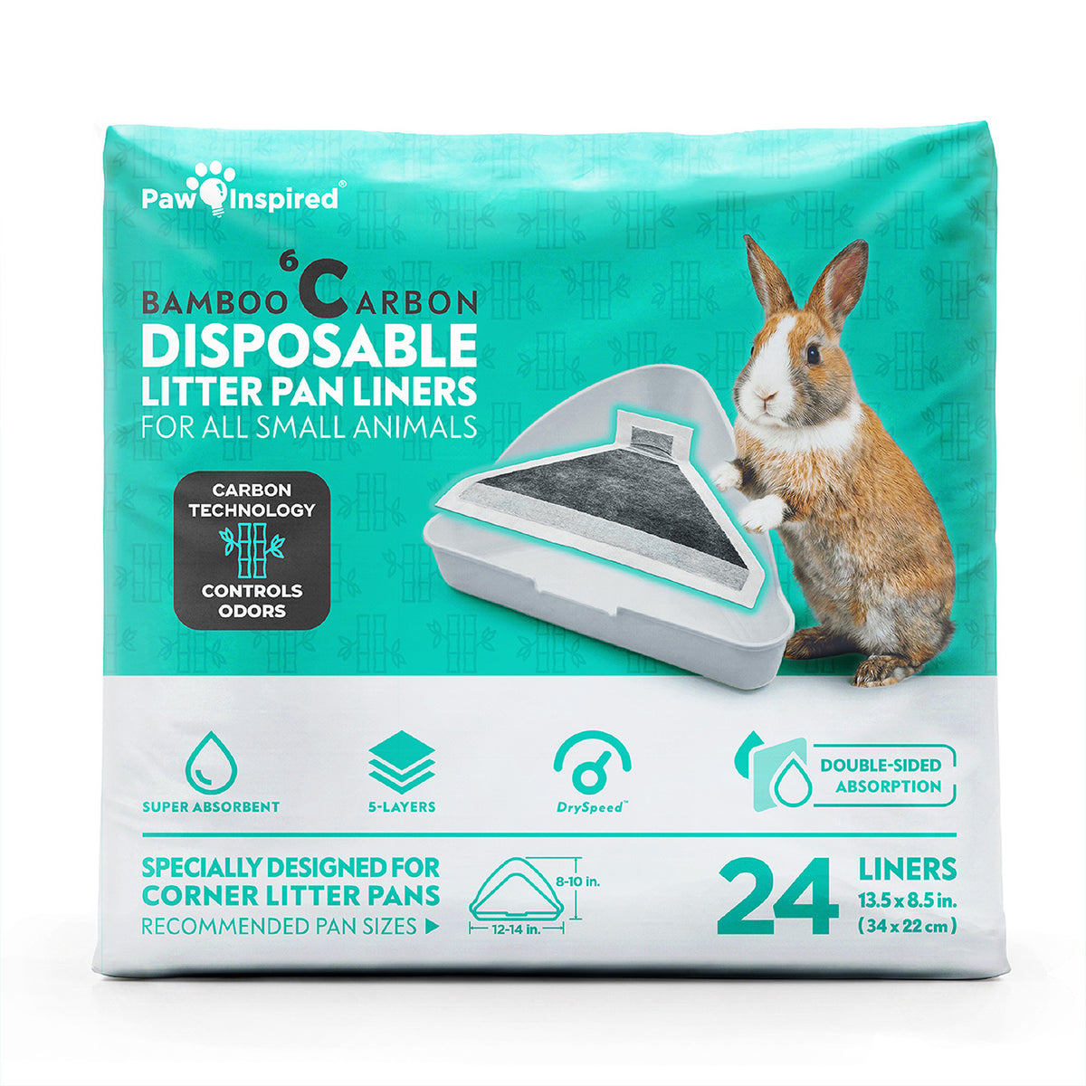 Front packaging of Paw Inspired Triangle Bamboo Carbon Disposable Litter Pan Liners 24-count pack, featuring a rabbit next to a white corner litter pan, highlighting double-sided absorption and 5-layer protection.