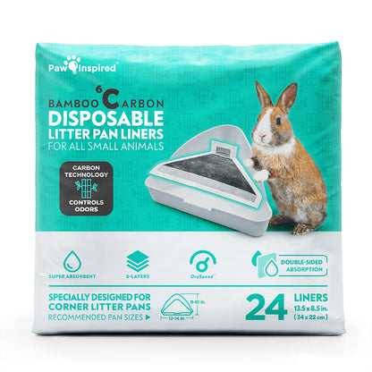 Front packaging of Paw Inspired Triangle Bamboo Carbon Disposable Litter Pan Liners 24-count pack, featuring a rabbit next to a white corner litter pan, highlighting double-sided absorption and 5-layer protection.