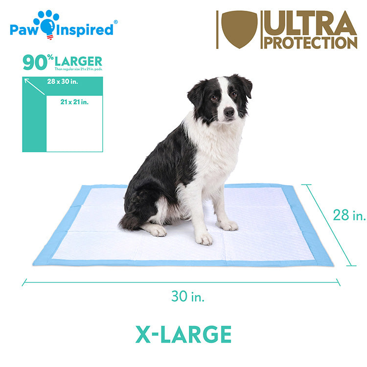 Size guide for the Paw Inspired Ultra Protection Dog Pads, showcasing the X-Large size (28 inches by 30 inches). A Border Collie is used for size reference, and the image indicates it is 90% larger than standard pads