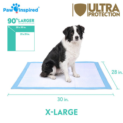 Size guide for the Paw Inspired Ultra Protection Dog Pads, showcasing the X-Large size (28 inches by 30 inches). A Border Collie is used for size reference, and the image indicates it is 90% larger than standard pads