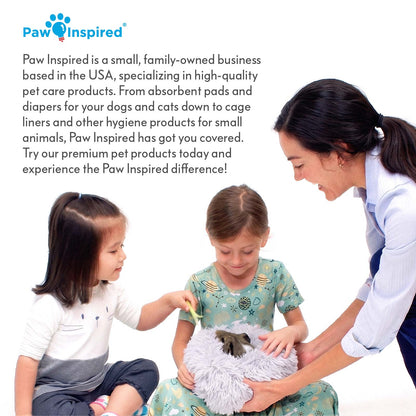 A mother and two young children gently petting a guinea pig resting in a fluffy Paw Inspired Furr-O pet bed, featuring brand introduction text about Paw Inspired's family-owned pet care products.