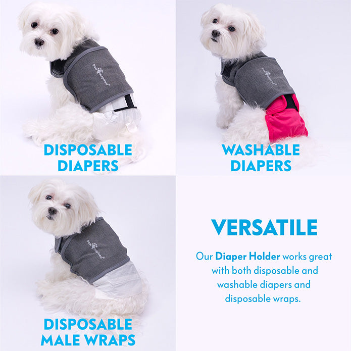 Stay Put Diaper Holder works with disposable diapers, washable diapers, and male wraps.