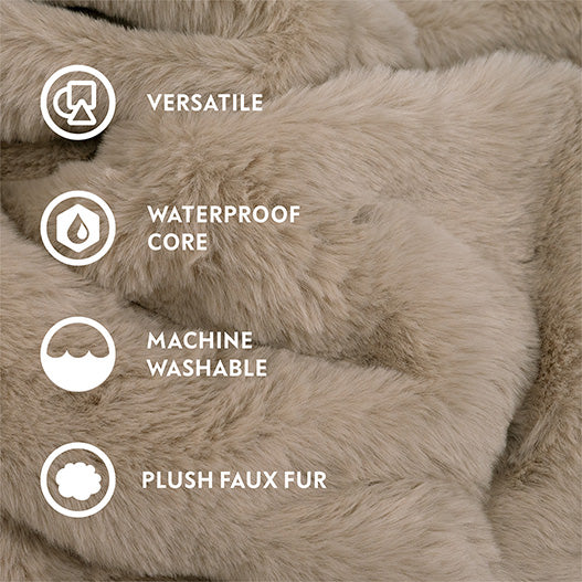 Infographic of Paw Inspired pet blanket features: Versatile, Waterproof Core, Machine Washable, and Plush Faux Fur.