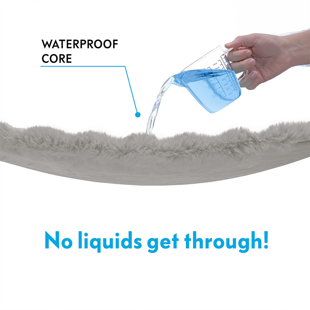 Close-up of Paw Inspired Waterproof Core technology showing liquid being poured onto the faux fur blanket without leaking through.