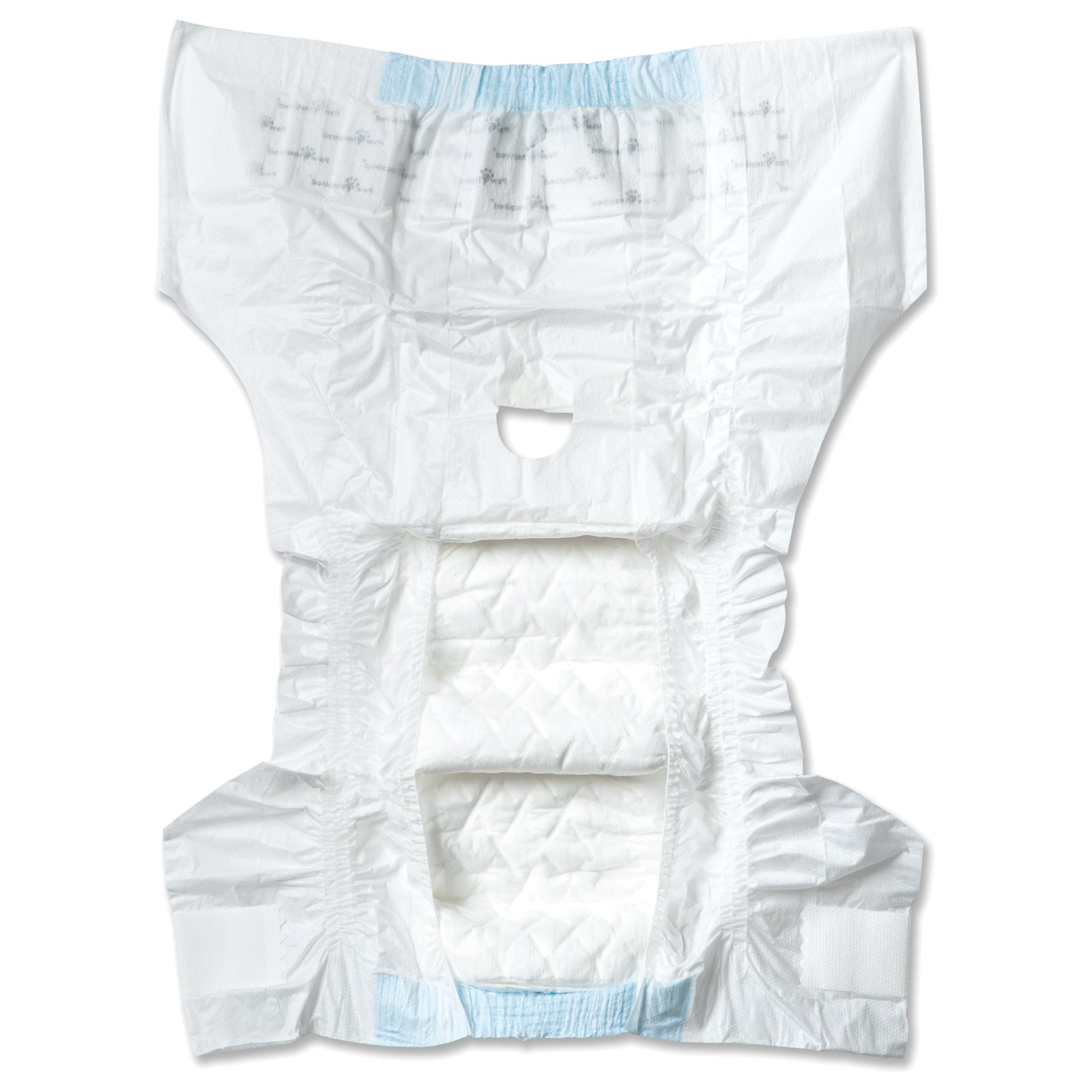 Top view of Paw Inspired® disposable dog diaper in size M, highlighting leakproof layers and elastic waist.