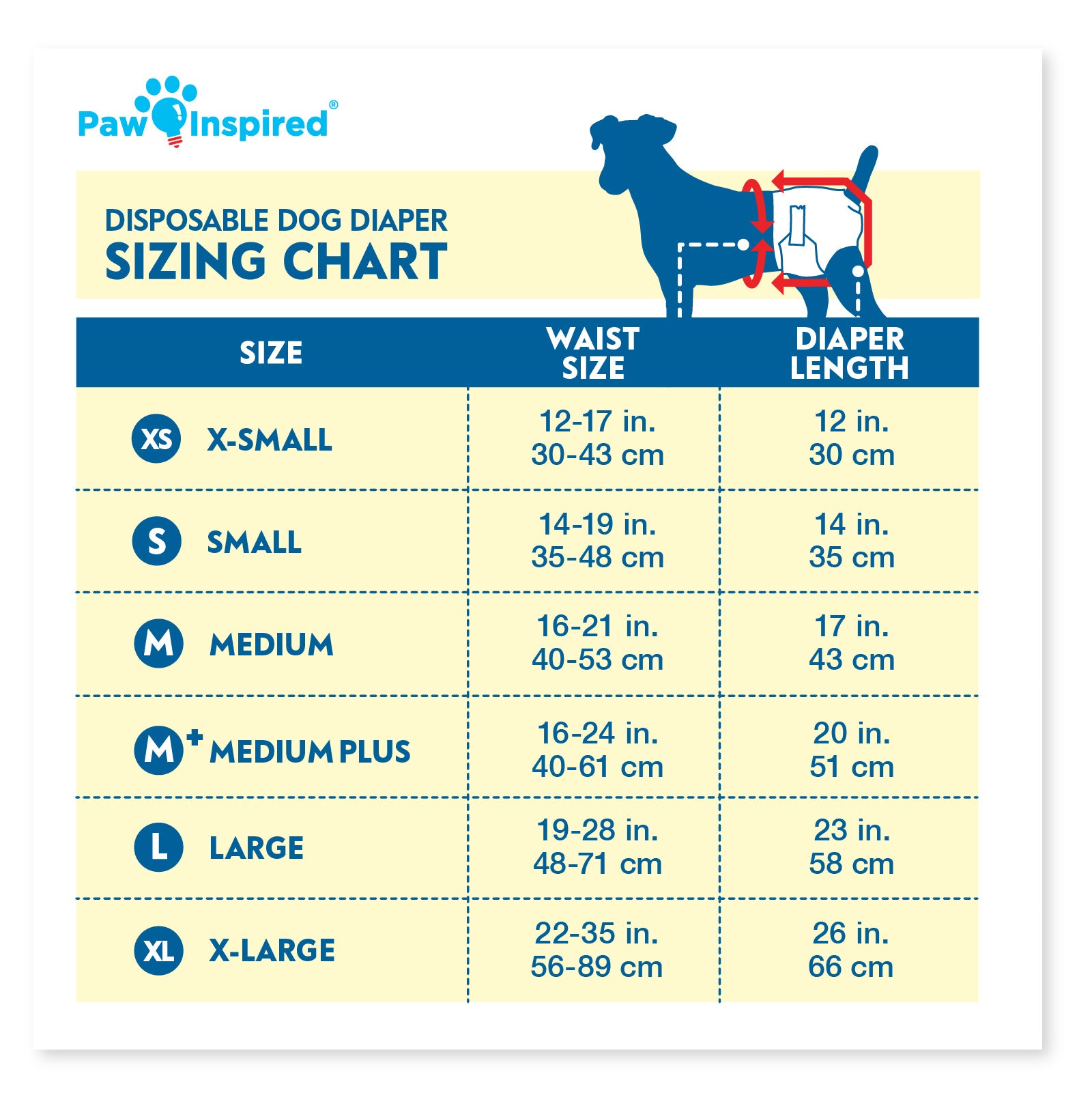 Disposable dog diaper sizing chart from Paw Inspired® showing waist sizes and diaper lengths from XS to XL