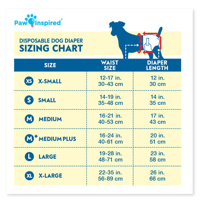 Disposable dog diaper sizing chart from Paw Inspired® showing waist sizes and diaper lengths from XS to XL