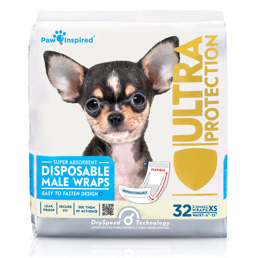 Paw Inspired Disposable Male Wraps package, extra small size, featuring Chihuahua dog on the front.