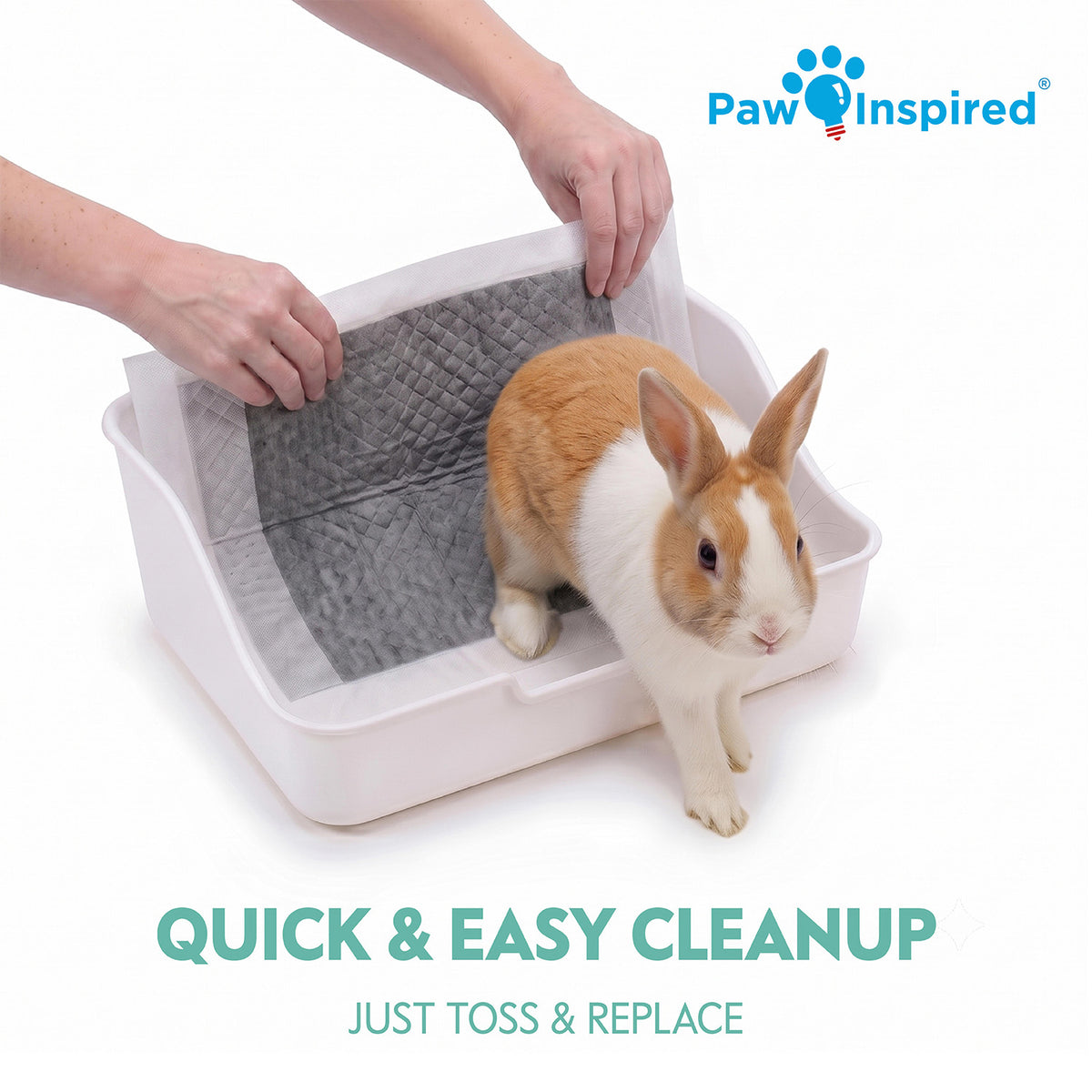 A person placing a gray carbon pad into a white small animal litter pan with a rabbit standing inside, demonstrating the quick and easy cleanup by tossing and replacing the liner.