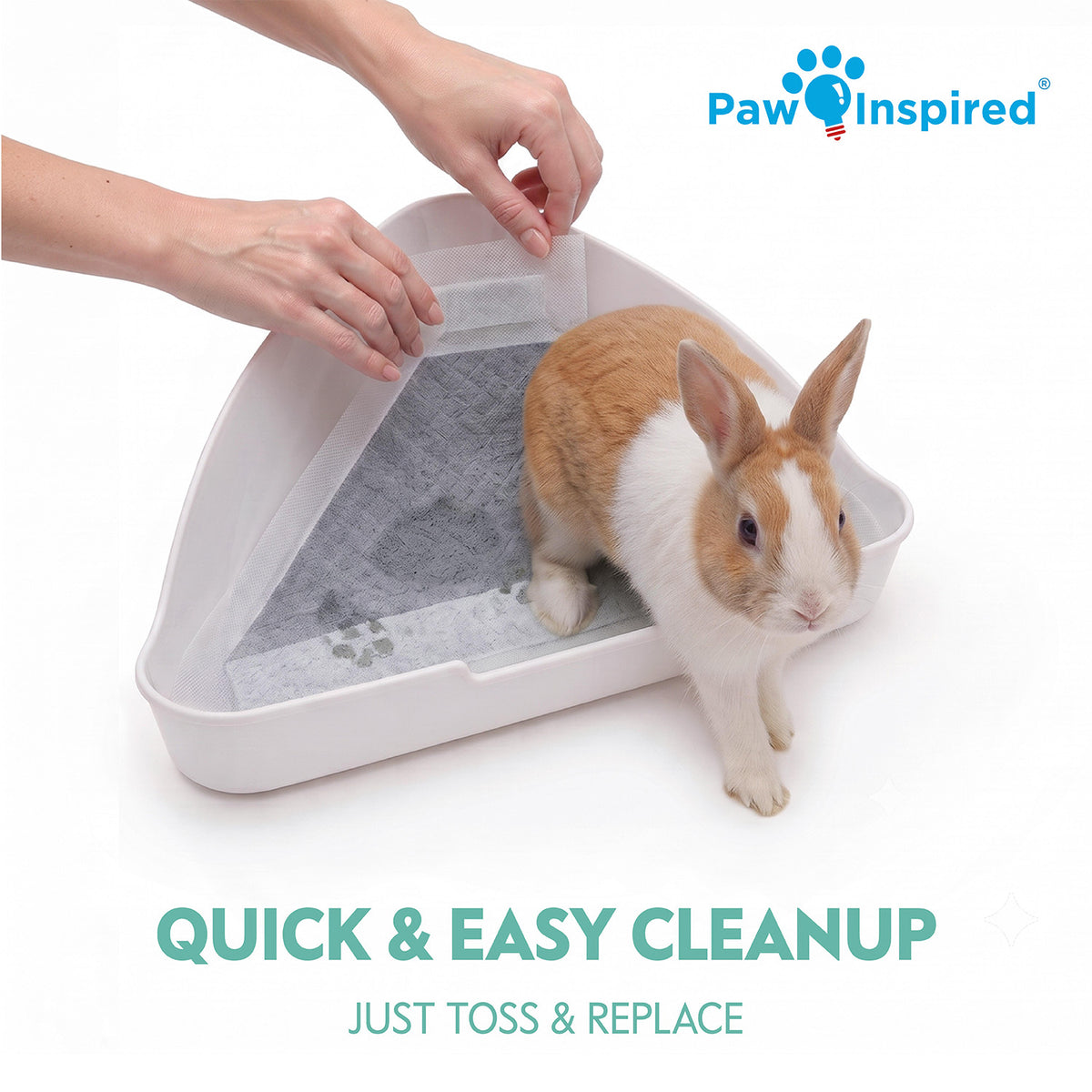 Hands placing a gray triangular carbon pad into a white corner small animal litter pan with a rabbit, showcasing the quick and easy cleanup by tossing and replacing the liner.
