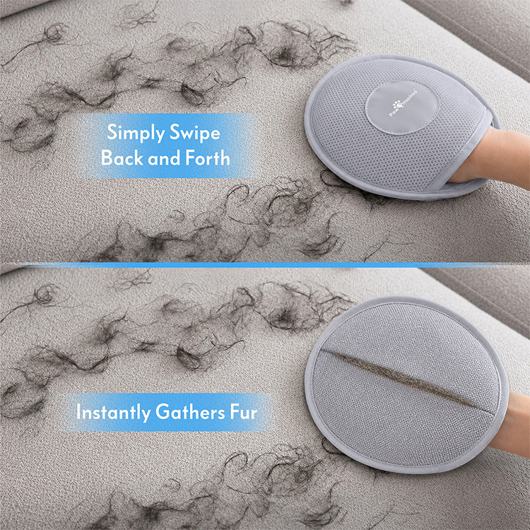 Before and after comparison of cleaning a couch with the Paw Inspired mitt, showing how swiping back and forth instantly gathers stubborn dog and cat hair into a neat line.