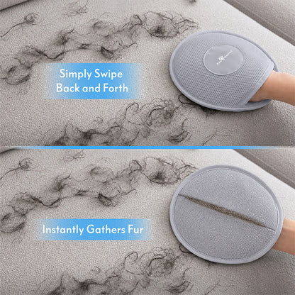 Before and after comparison of cleaning a couch with the Paw Inspired mitt, showing how swiping back and forth instantly gathers stubborn dog and cat hair into a neat line.