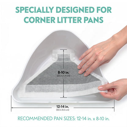 Hands fitting a triangular charcoal pad into a corner litter pan, highlighting it is specially designed for corner litter pans with a recommended size of 12-14 inches wide by 8-10 inches deep.