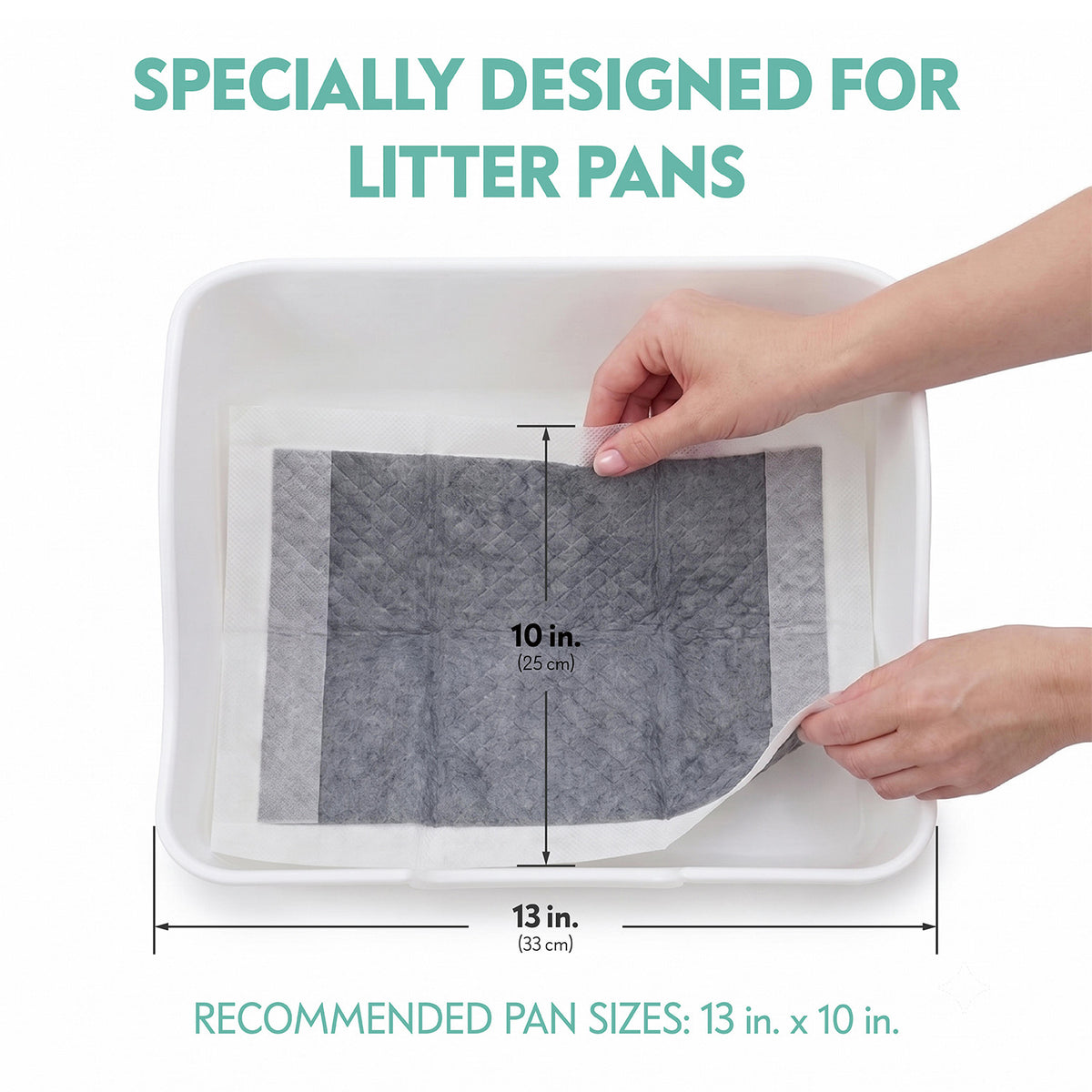A person fitting the charcoal pad into a litter pan, highlighting it is specially designed for small animal litter pans with a recommended pan size of 13 inches wide by 10 inches deep.