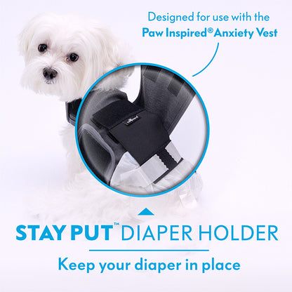 Detailed view of the Stay Put Diaper Holder designed for use with the Paw Inspired Anxiety Vest.