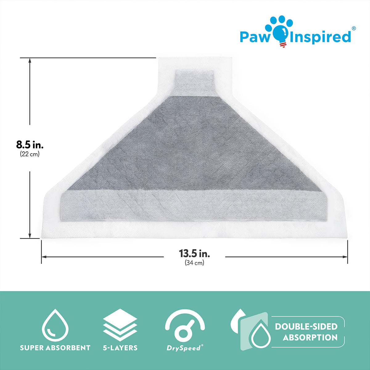 Size chart for the triangular litter pan pad, showing dimensions of 13.5 inches by 8.5 inches (34 cm by 22 cm) with feature icons for super absorbent, 5-layers, DrySpeed, and double-sided absorption.