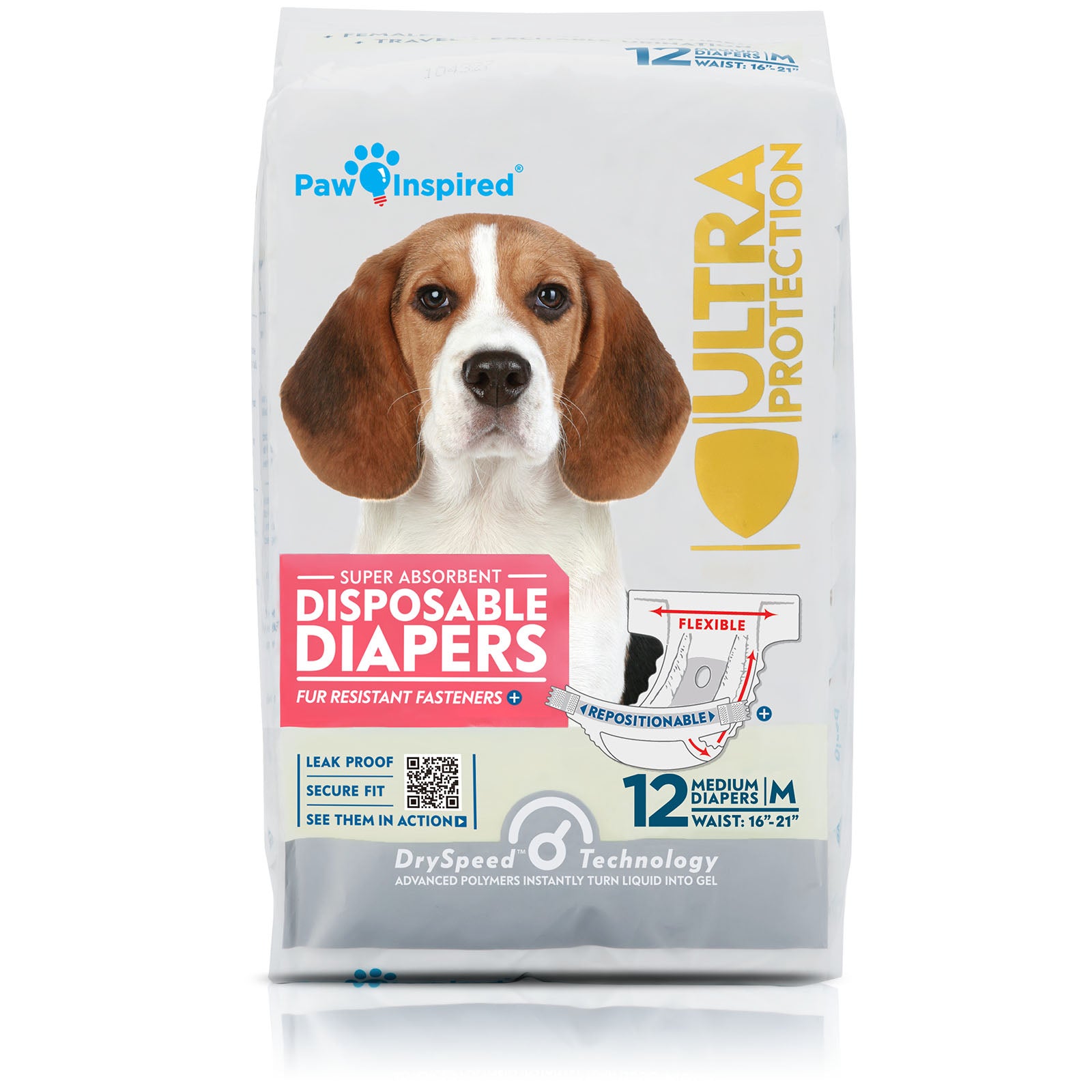 Medium size Paw Inspired® disposable dog diapers with 12-count pack and DrySpeed core