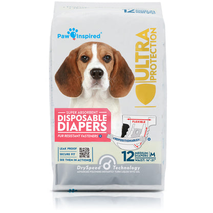 Medium size Paw Inspired® disposable dog diapers with 12-count pack and DrySpeed core