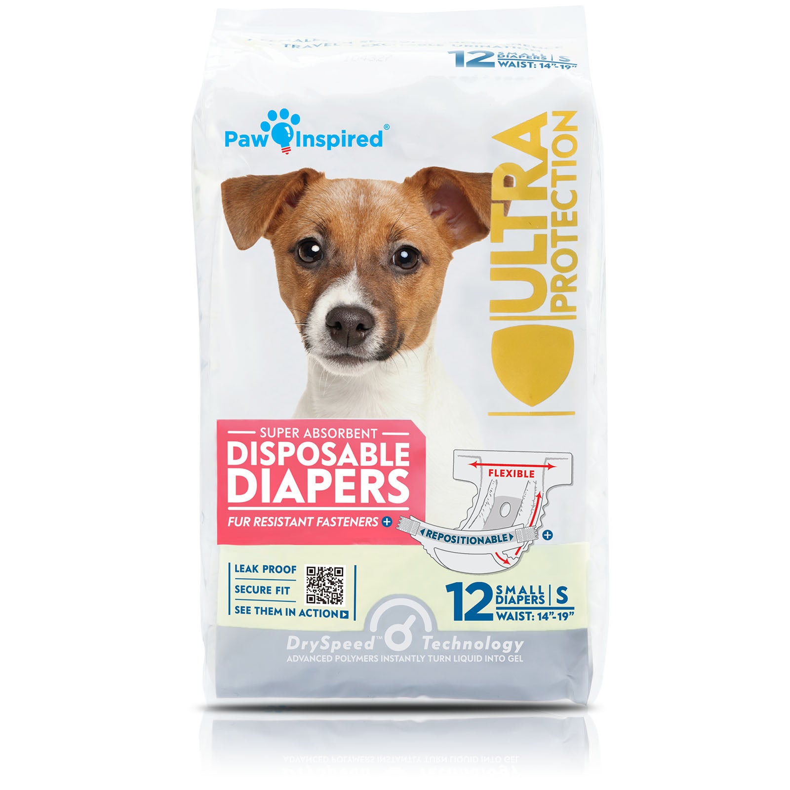 12-count upright package of Paw Inspired disposable dog diapers, featuring Jack Russell and labeled for small dogs
