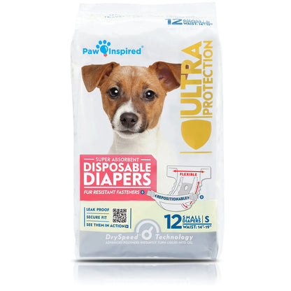 12-count upright package of Paw Inspired disposable dog diapers, featuring Jack Russell and labeled for small dogs